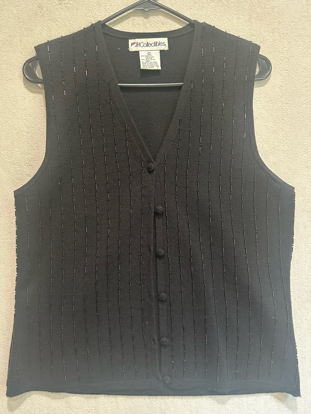 Vintage JH Beaded Women's Wool Blend Black V-Neck Button Knit Vest Sz L Layer